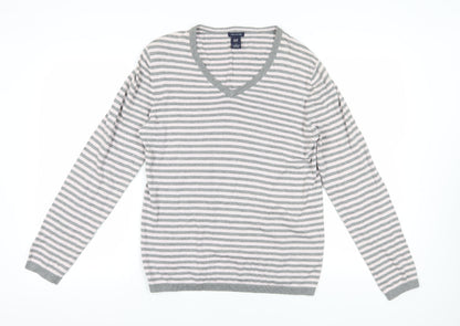 Gap Women's Grey Striped V-Neck Jumper L