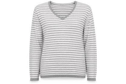 Gap Women's Grey Striped V-Neck Jumper L