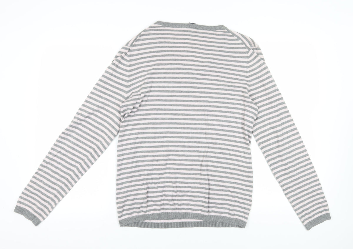 Gap Women's Grey Striped V-Neck Jumper L