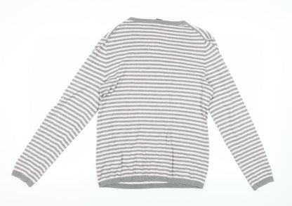 Gap Women's Grey Striped V-Neck Jumper L