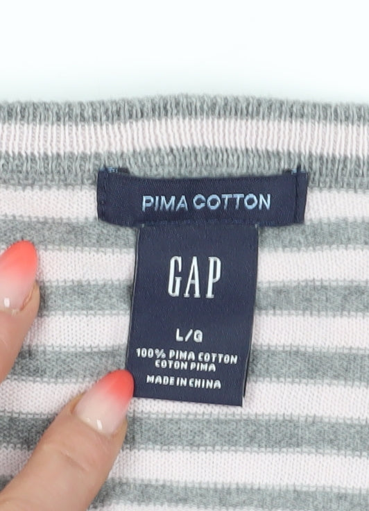 Gap Women's Grey Striped V-Neck Jumper L