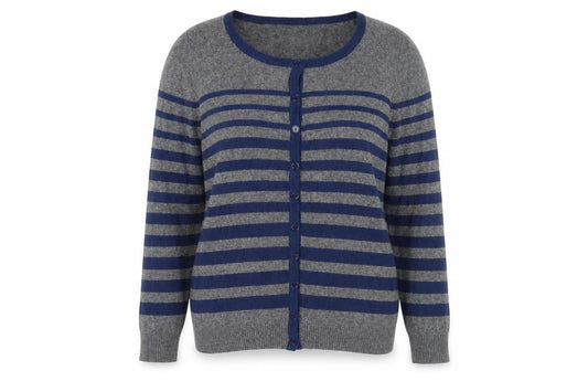 Front view of Jaeger Women's XL Grey Blue Striped Cardigan