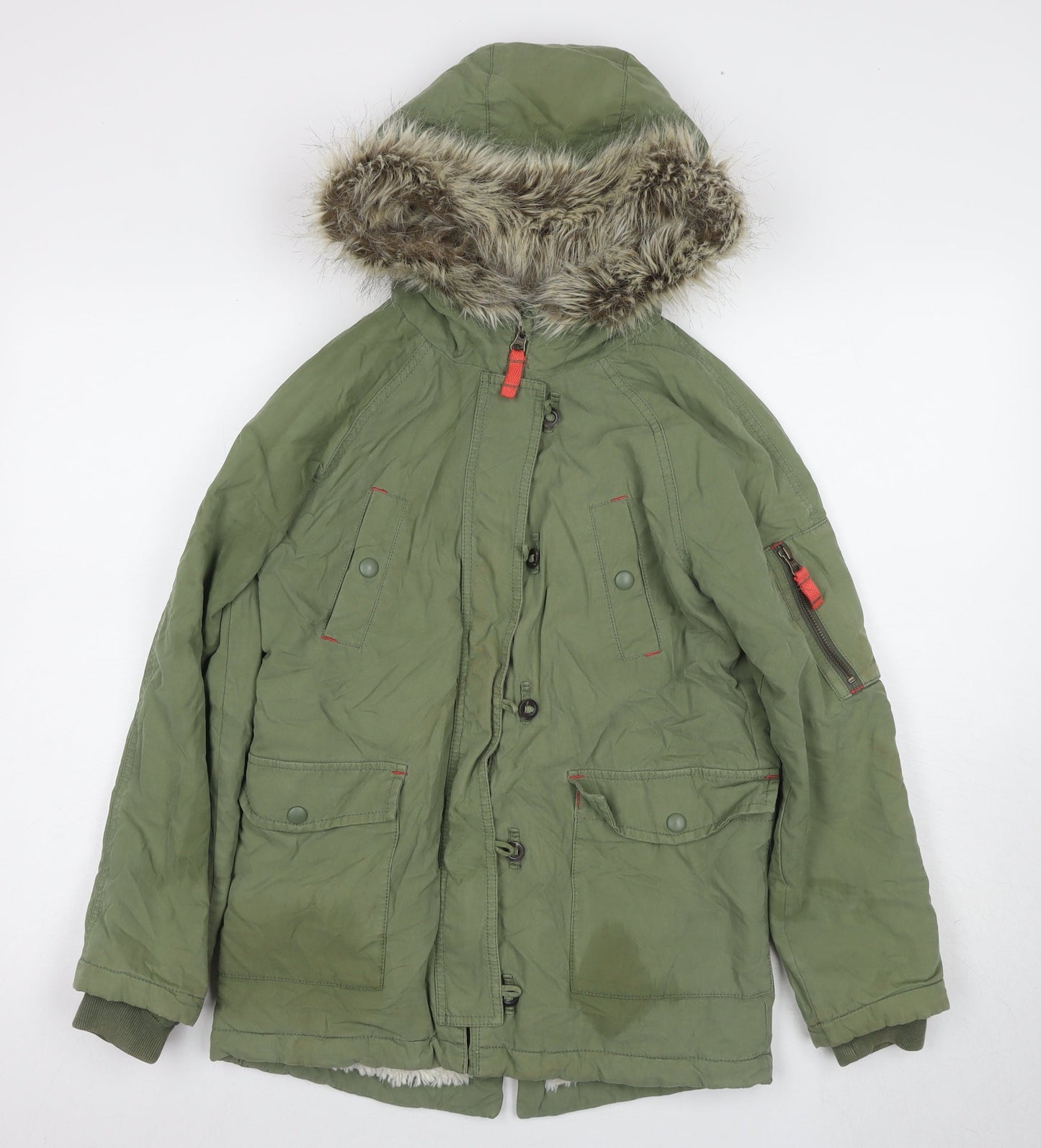 Boden Girls Green Parka Coat 11 Years - Fur Trim Hooded Winter Jacket