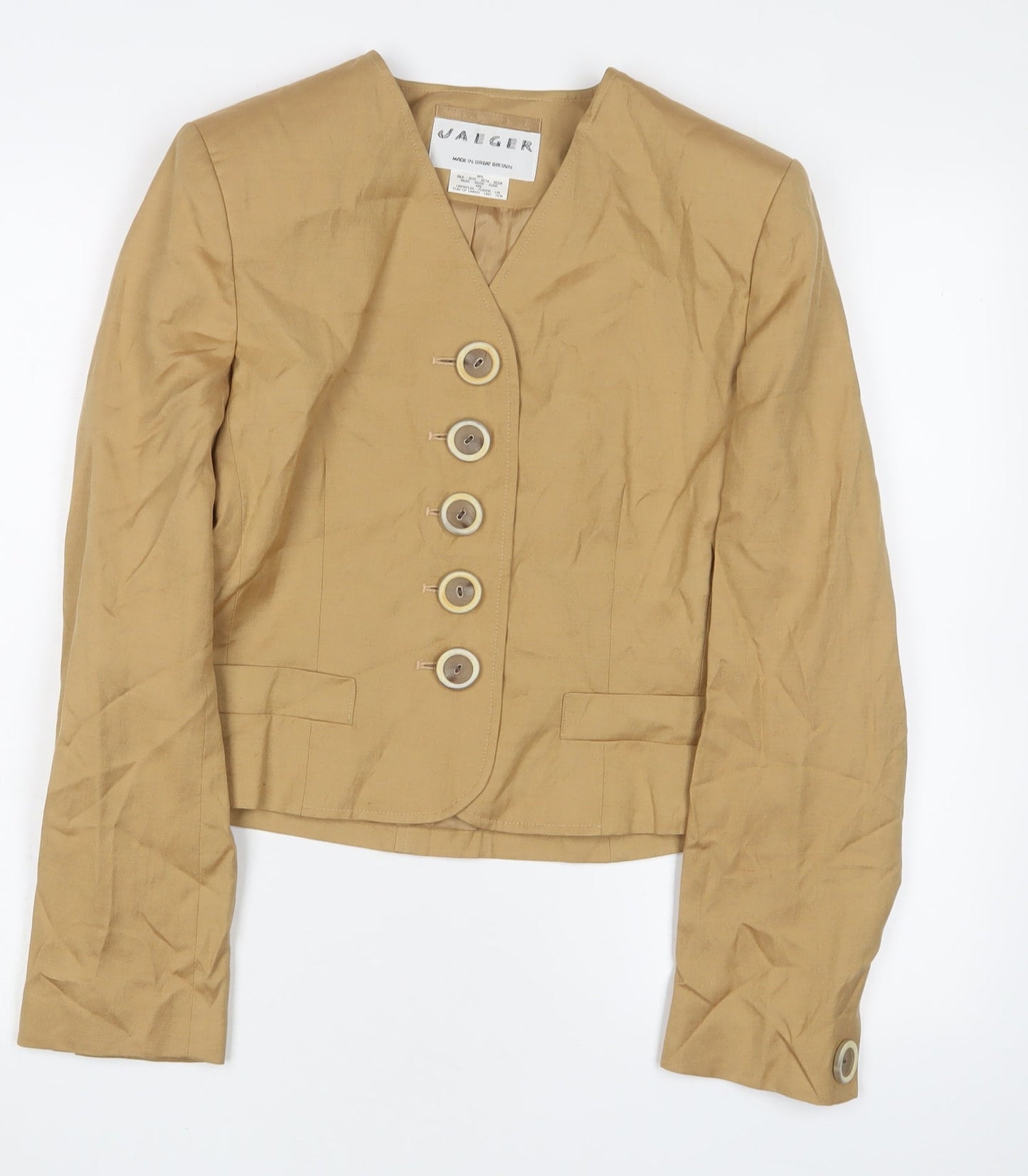 Jaeger Women's Beige Cropped Silk Linen Suit Jacket Size 12