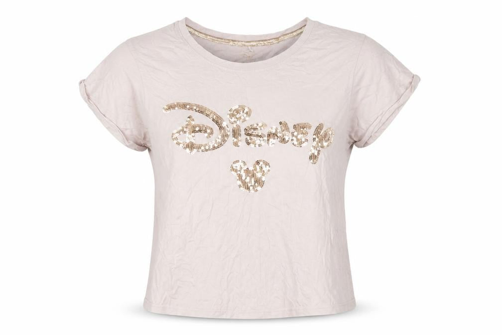 Front view of Disney Beige Sequin T-Shirt, unisex, size 12-14, cotton