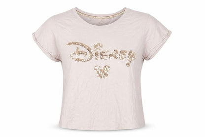 Front view of Disney Beige Sequin T-Shirt, unisex, size 12-14, cotton