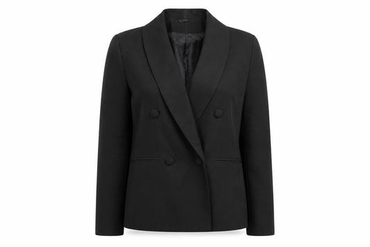Front view of C&A Women's Black Blazer, size 10, Double Breasted