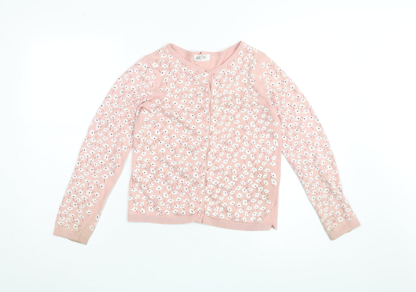 H&M Girls Pink Floral Cardigan 8Y Cotton Knit Long Sleeve
