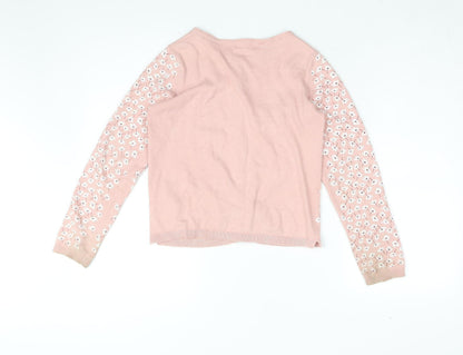 H&M Girls Pink Floral Cardigan 8Y Cotton Knit Long Sleeve