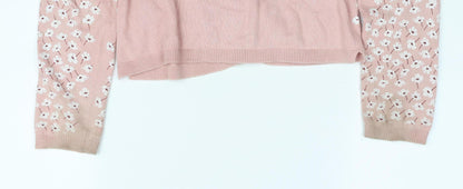 H&M Girls Pink Floral Cardigan 8Y Cotton Knit Long Sleeve