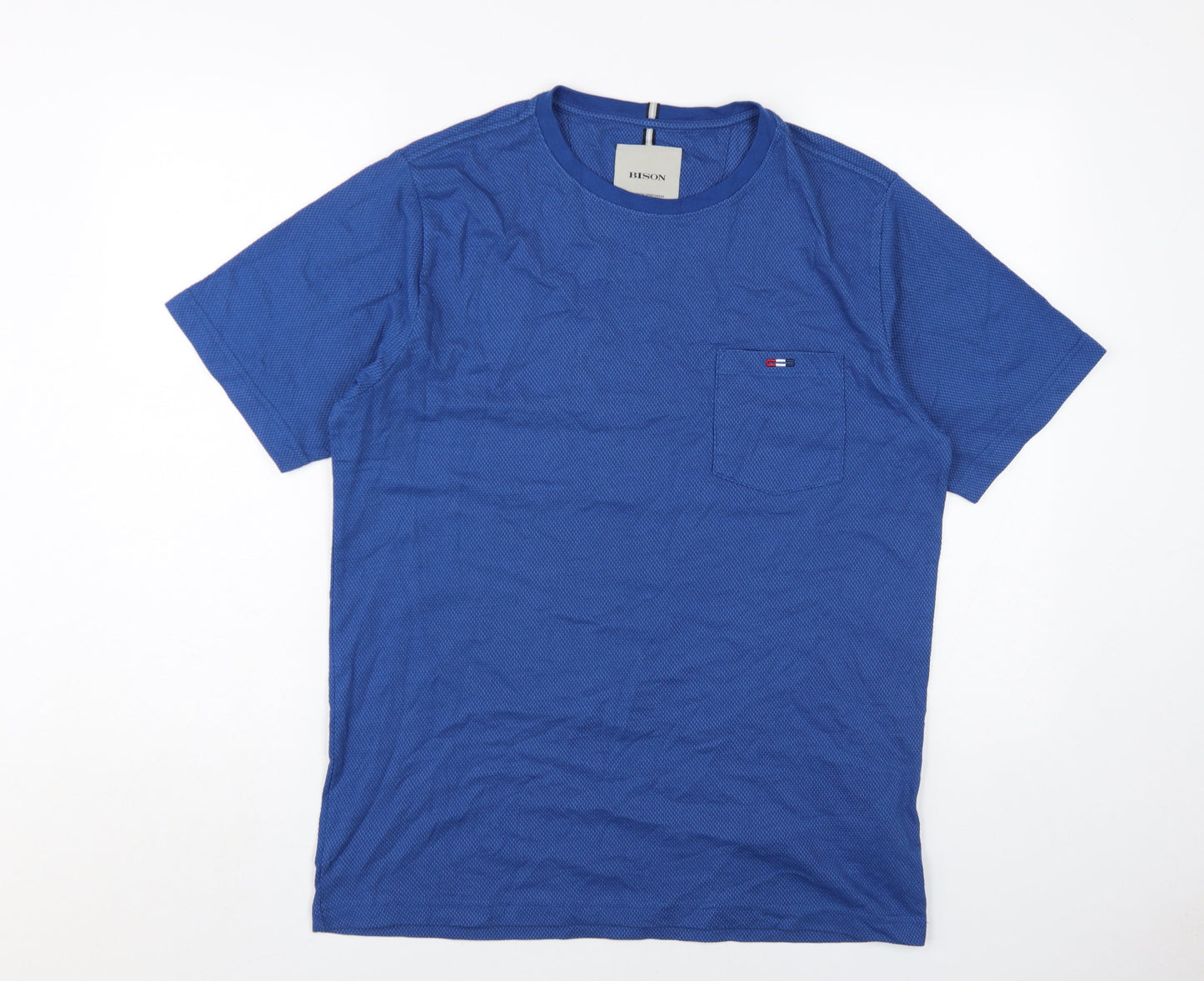 Bison Men's Blue Crew Neck Short Sleeve T-Shirt M