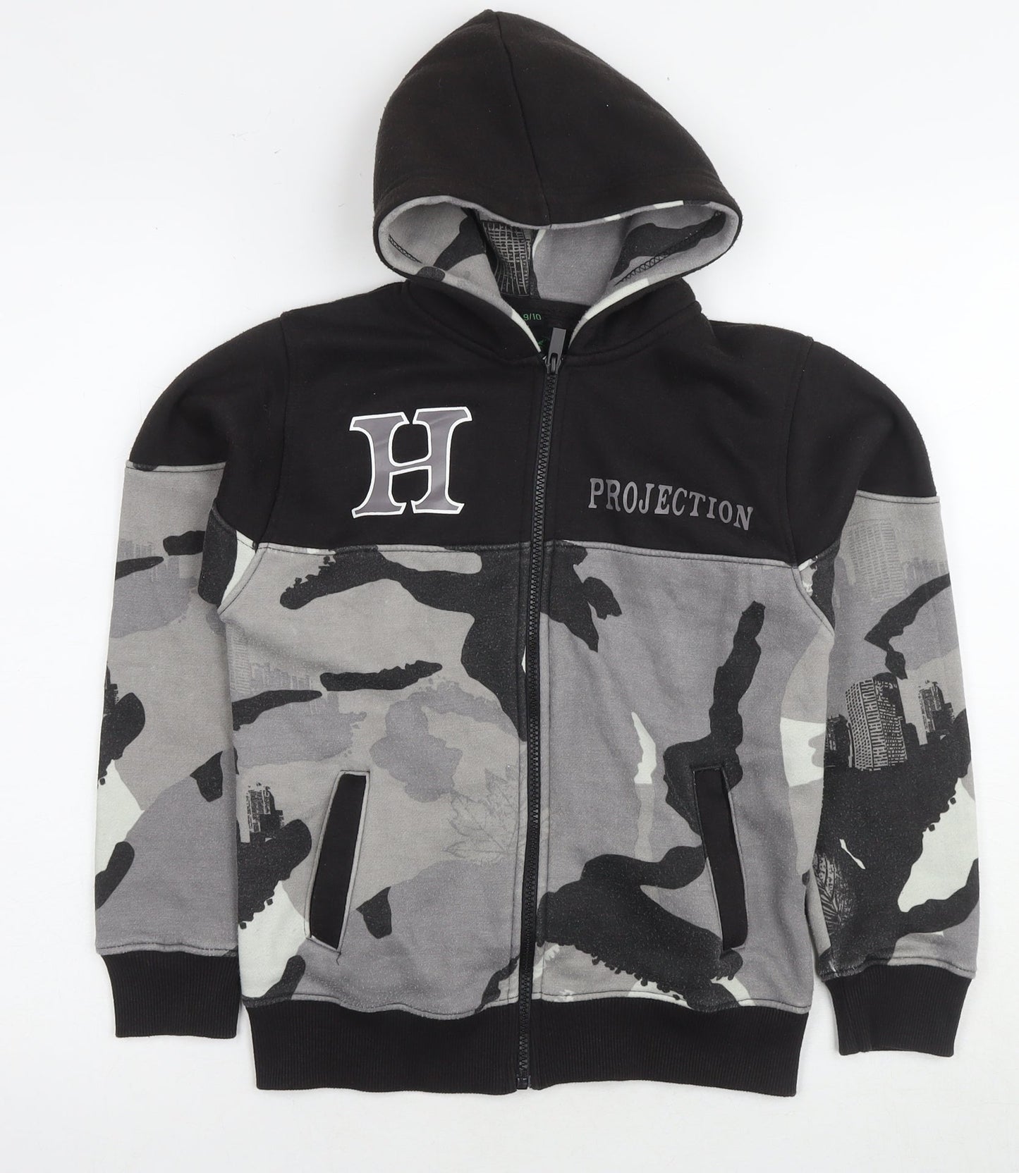 HNL Projection Boys Black Full Zip Camouflage Hoodie Size 9