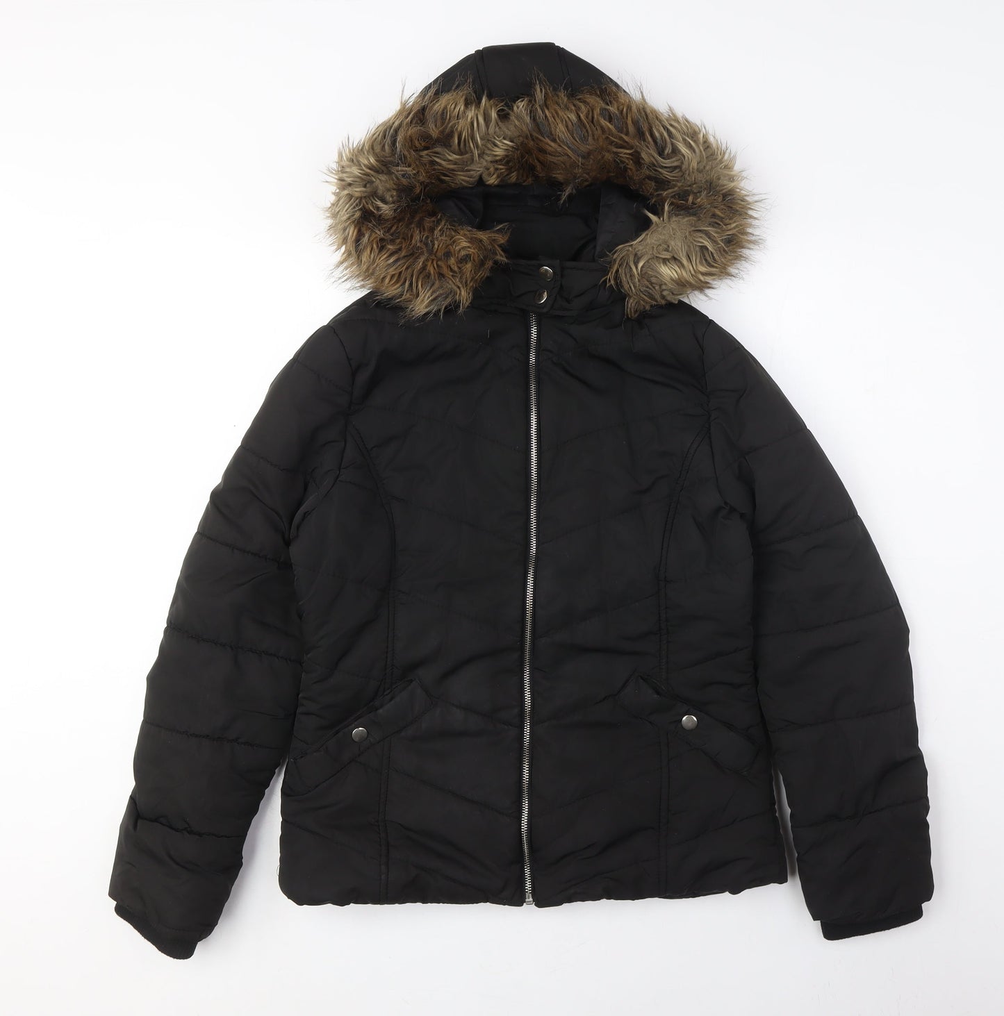 New Look Girls Black Puffer Coat 12-13 Hooded & Fur Trim