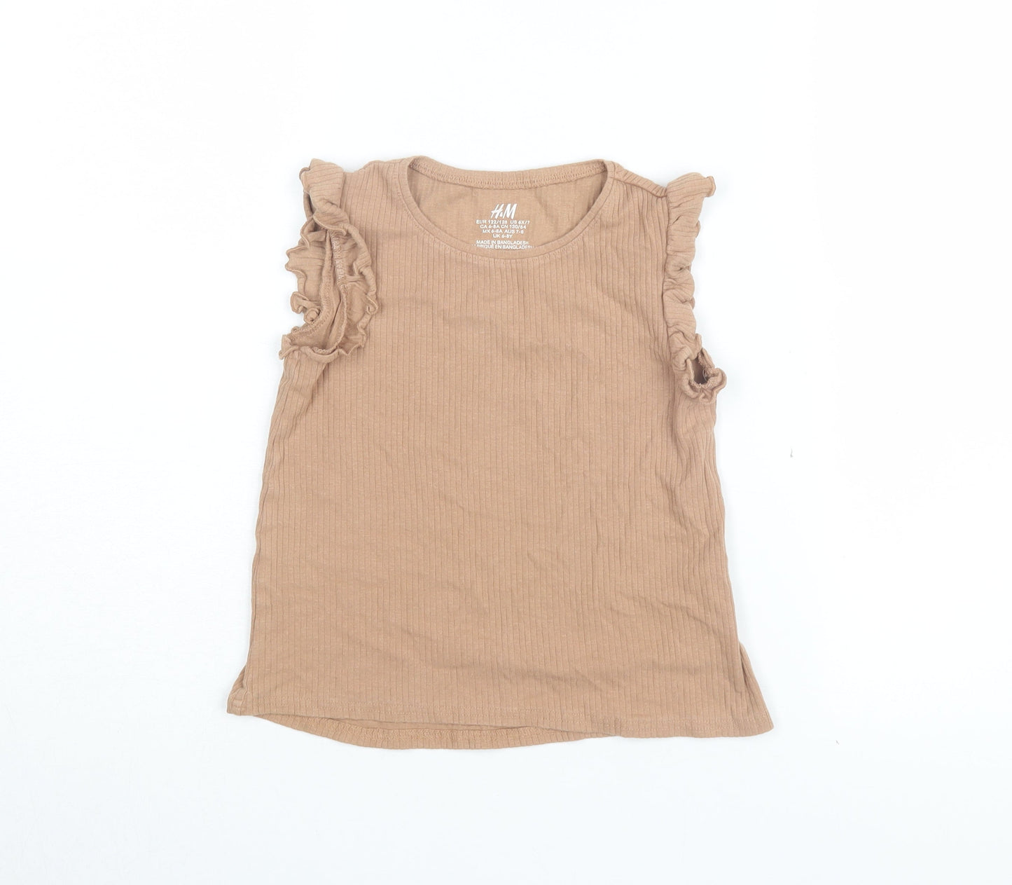 H&M Girls Brown Sleeveless Ruffle T-Shirt, 6-8 Years
