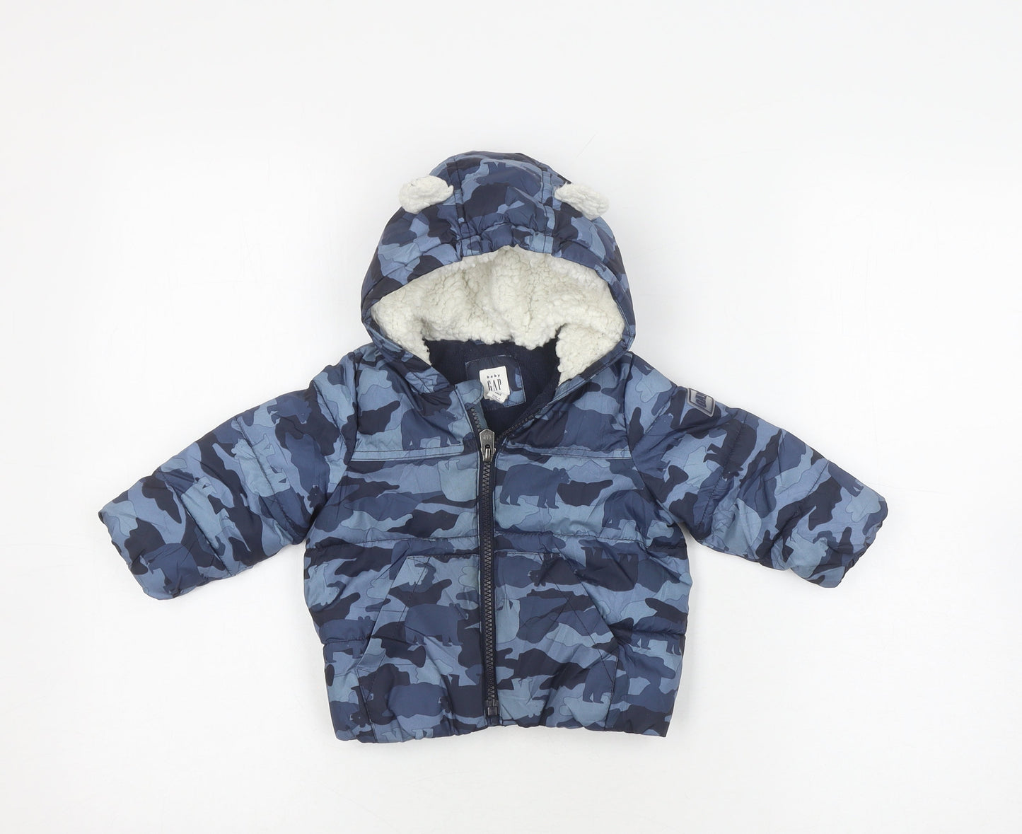 Gap Unisex Blue Camouflage Puffer Jacket 6-9 Months Winter