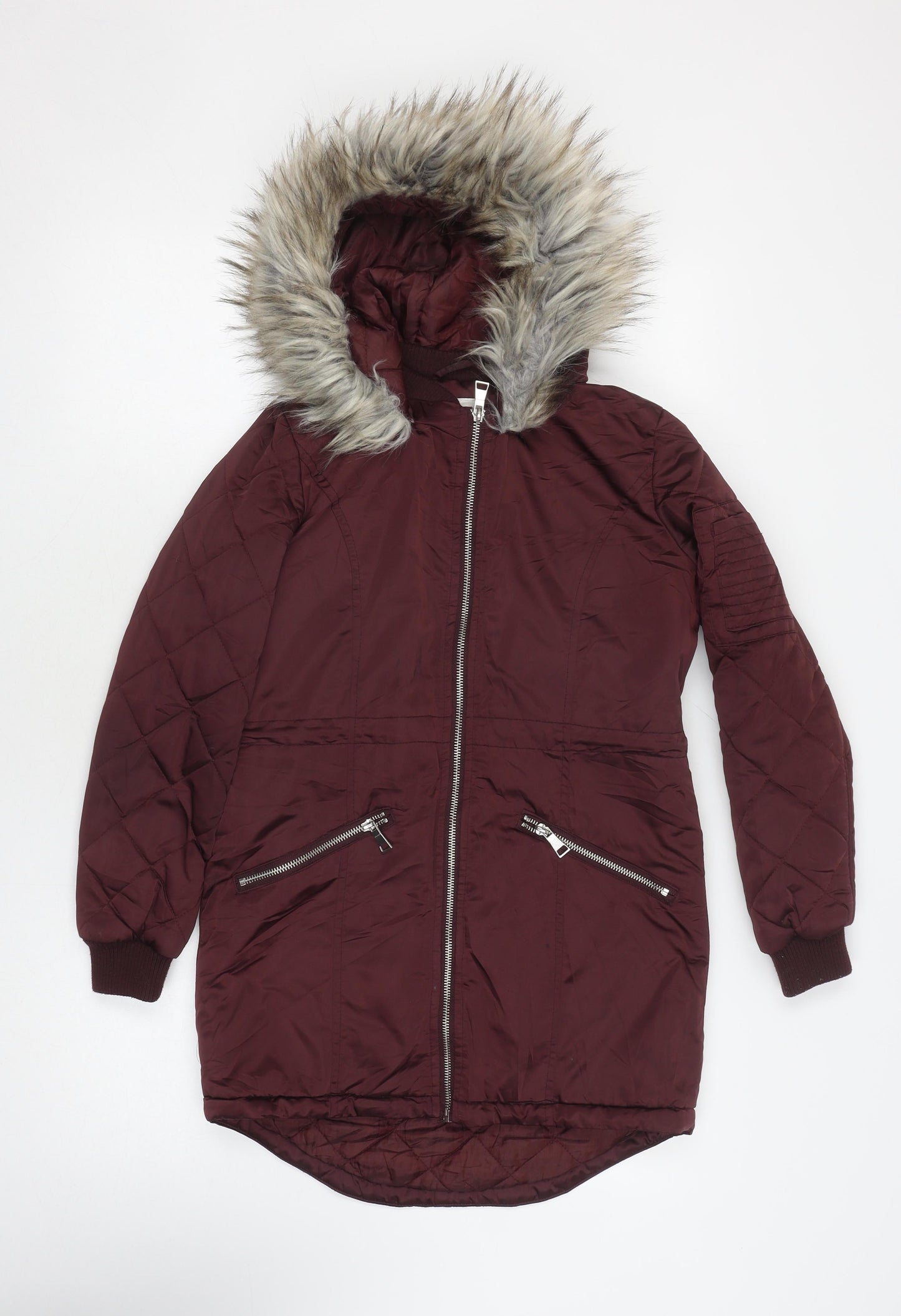Candy Couture Girls Red Puffer Jacket 11Y Hooded Long Fur Trim