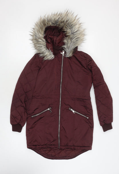 Candy Couture Girls Red Puffer Jacket 11Y Hooded Long Fur Trim