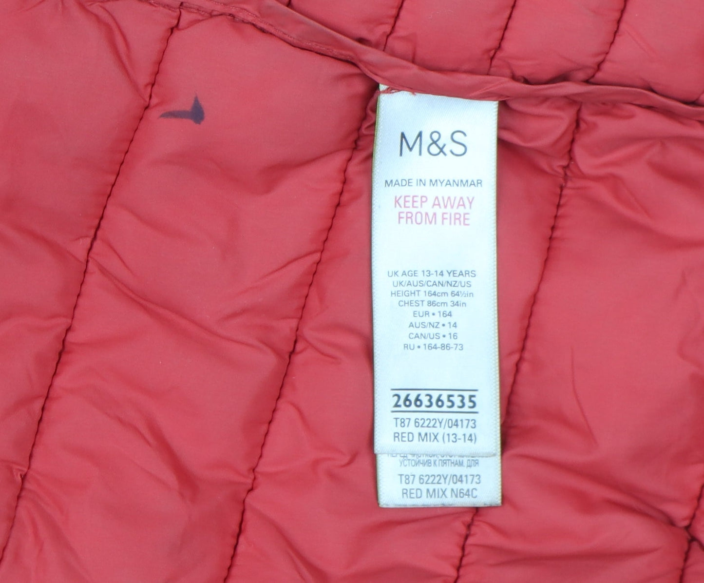 Marks and Spencer Boys Red Puffer Jacket 13-14 Years