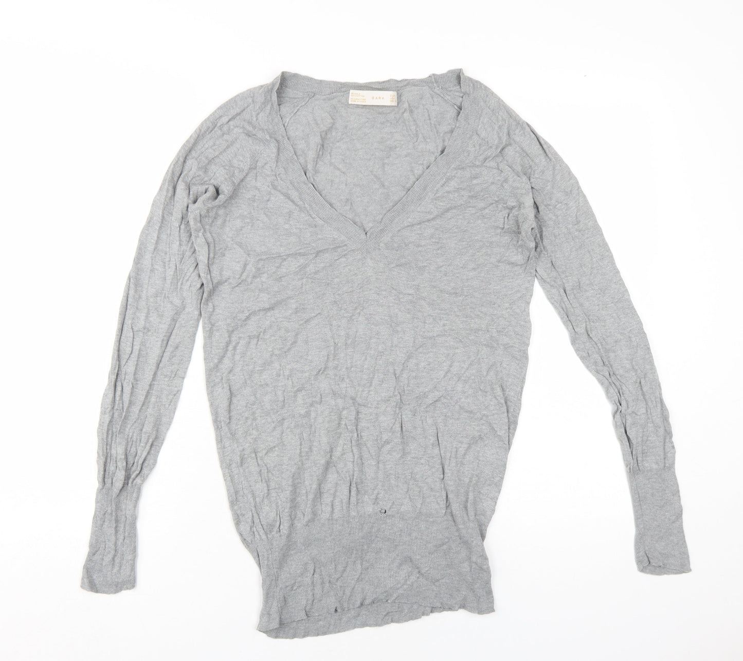 Zara Unisex Grey V-Neck Silk Cotton Pullover Jumper L