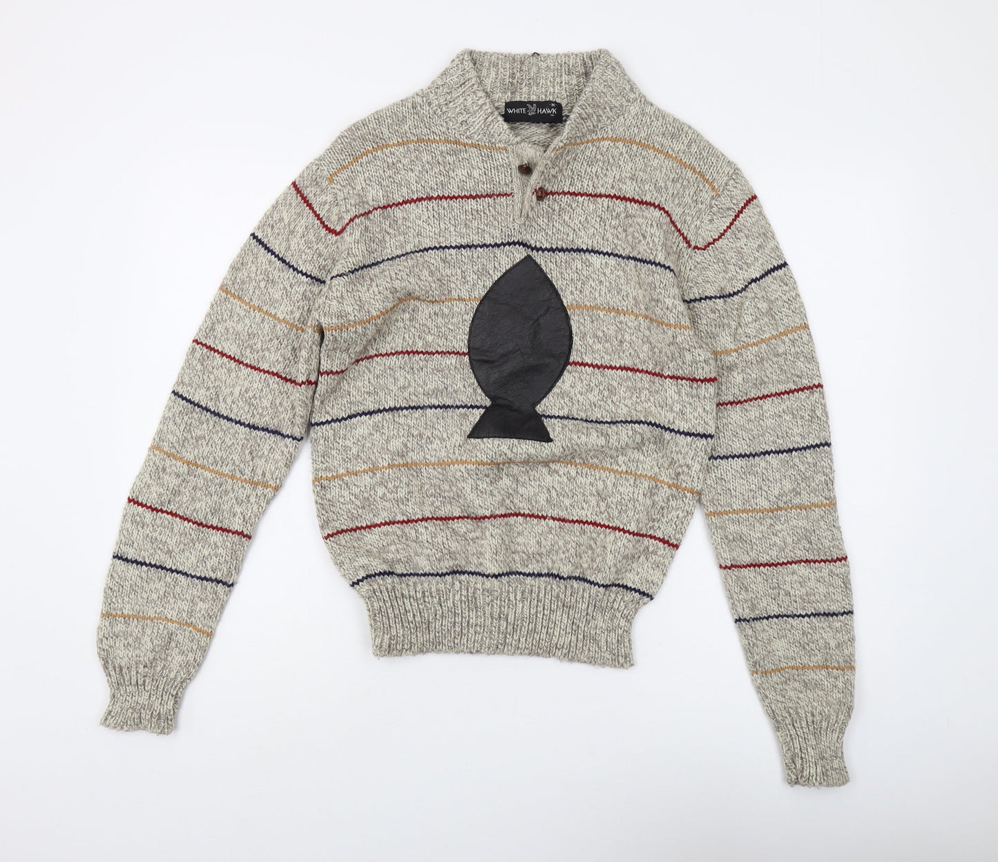 White Hawk Men's Grey Henley Striped Jumper M