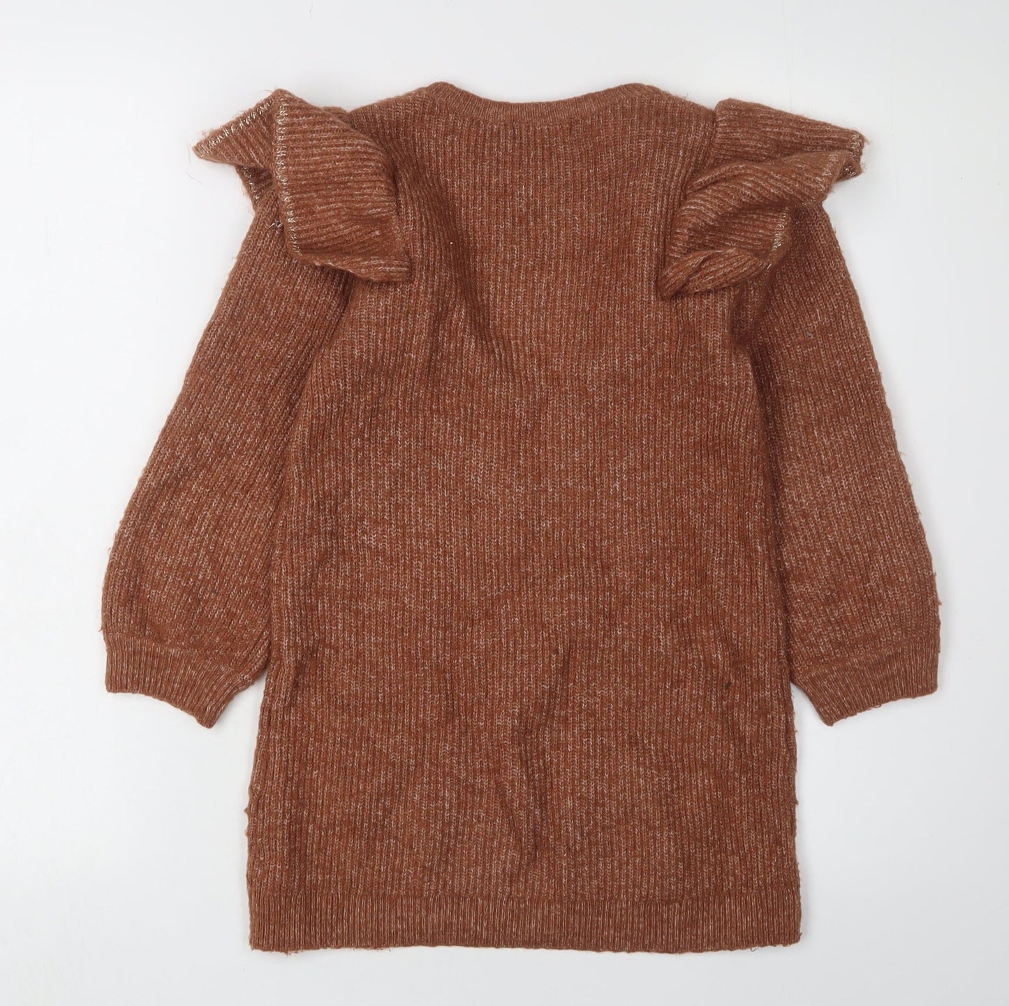 H&M Girls Brown Knit Dress with Puff Sleeves