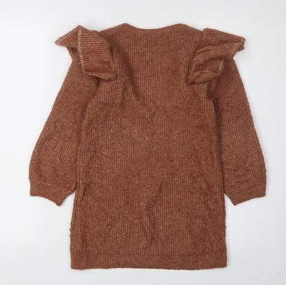 H&M Girls Brown Knit Dress with Puff Sleeves