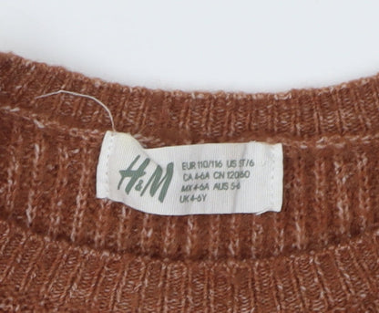 H&M Girls Brown Knit Dress with Puff Sleeves