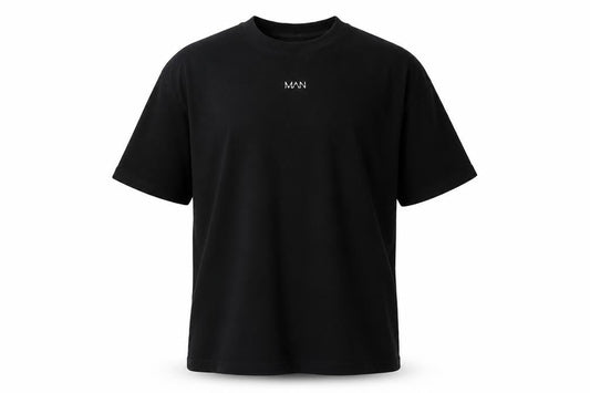 Front view of boohooMAN Black Cotton T-Shirt Men L Short Sleeve Casual