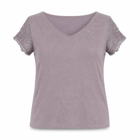 Front view of Principles Women's Grey V-Neck Crochet Blouse, size 16