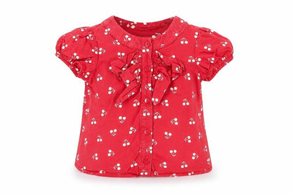Front view of Next girls’ red floral button-up blouse, 5 years, ruffled bow