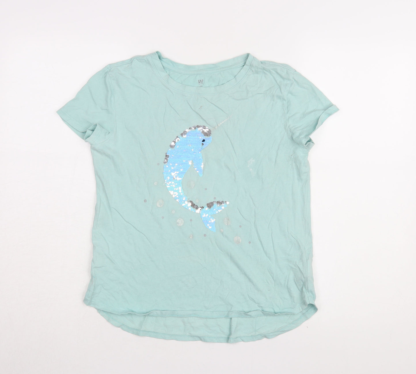 GAP Girls Blue Sequin Graphic T-Shirt XL, Round Neck Casual