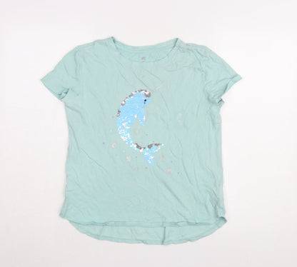 GAP Girls Blue Sequin Graphic T-Shirt XL, Round Neck Casual