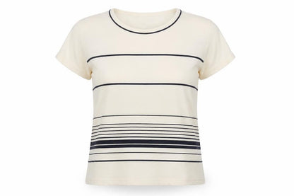 Front view of Maine New England Women Beige Striped T-Shirt, size 8, Casual