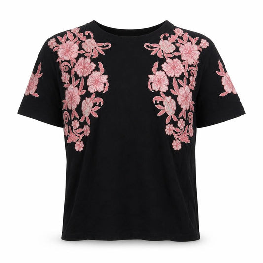 Front view of Asos Women's Black Floral Embroidered T-Shirt UK 10