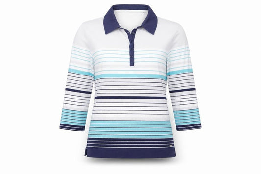 Front view of Honor Millburn unisex white striped polo, size S