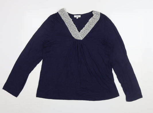 John Lewis Blue Long Sleeve Blouse Women Size 14 Crochet V-Neck
