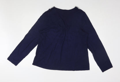 John Lewis Blue Long Sleeve Blouse Women Size 14 Crochet V-Neck
