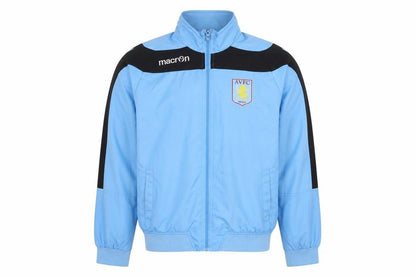 Front view of Macron boys’ blue track jacket, size L, football style