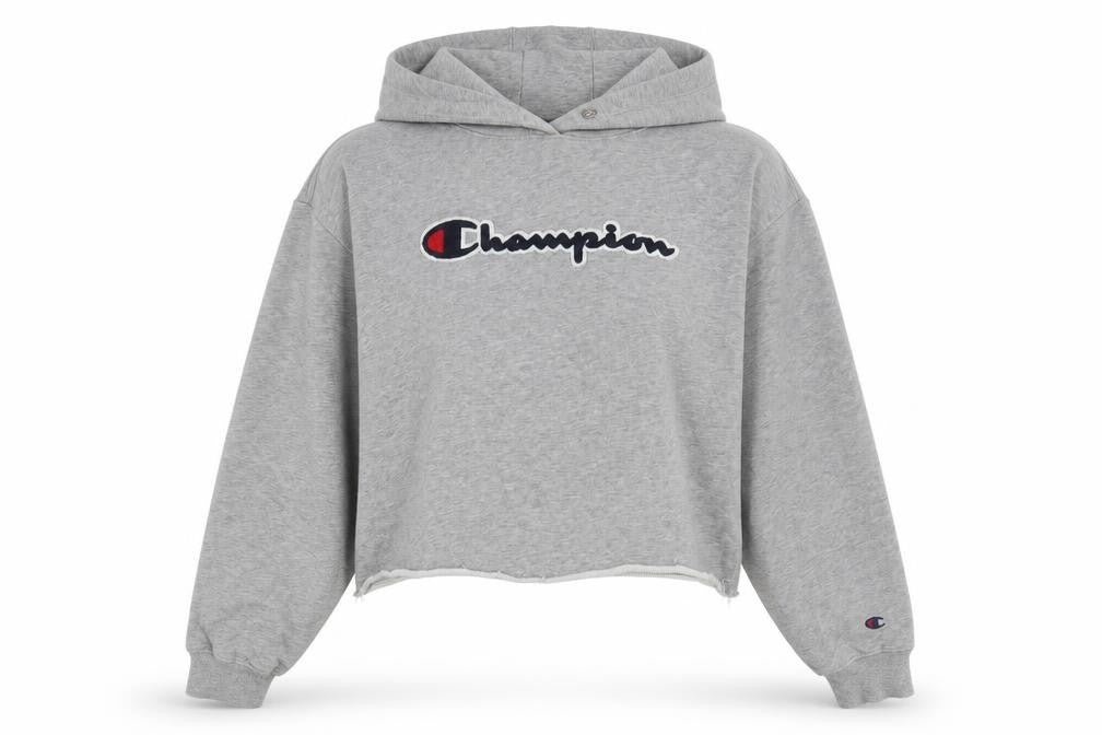 Front view of Champion unisex grey pullover hoodie l cotton