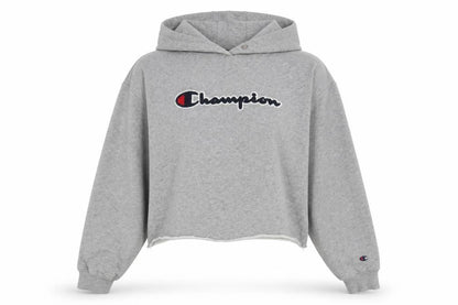 Front view of Champion unisex grey pullover hoodie l cotton