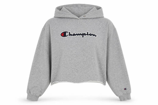 Front view of Champion unisex grey pullover hoodie l cotton