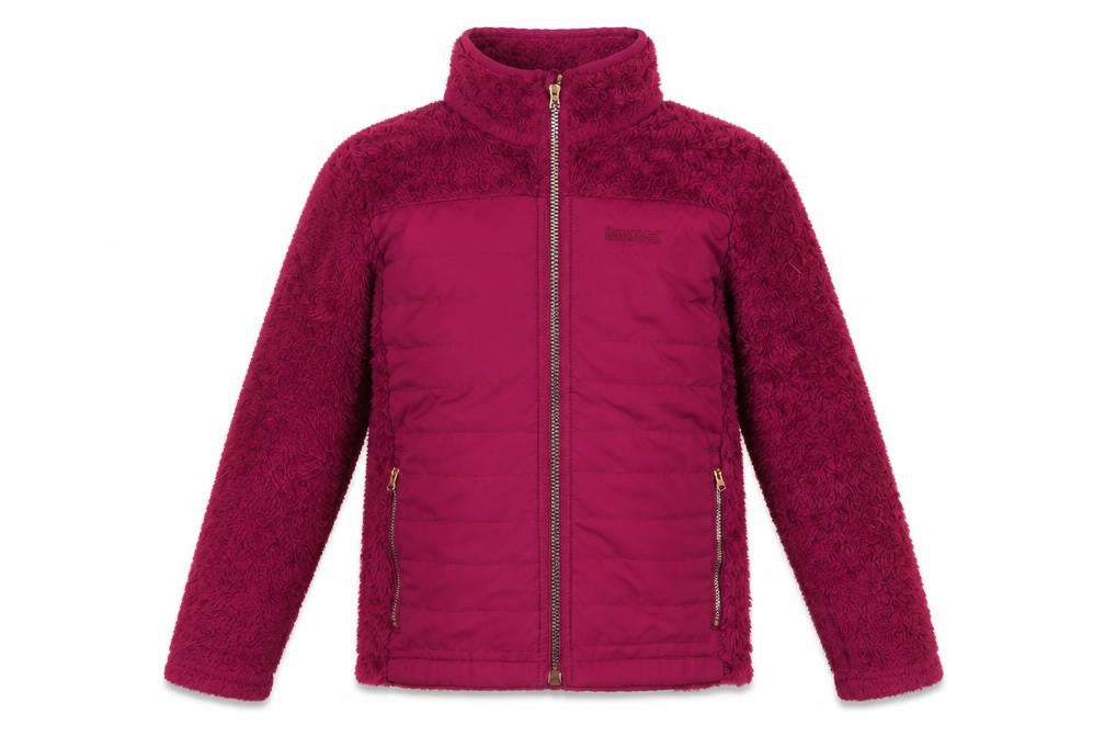 Front view of Regatta girls’ purple puffer jacket, 11 years, polyester, zip