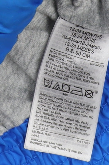 Gap Unisex Baby Blue Puffer Jacket - 18-24 Months