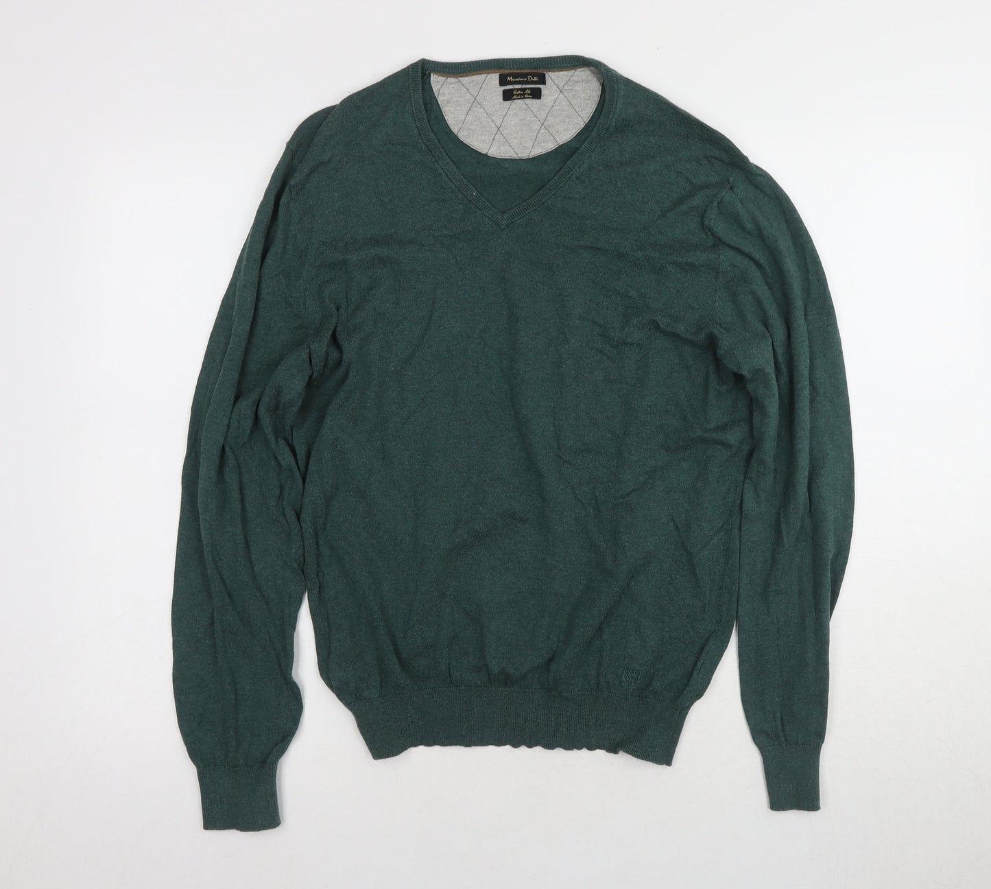 Massimo Dutti Men's Green V-Neck Pullover Jumper