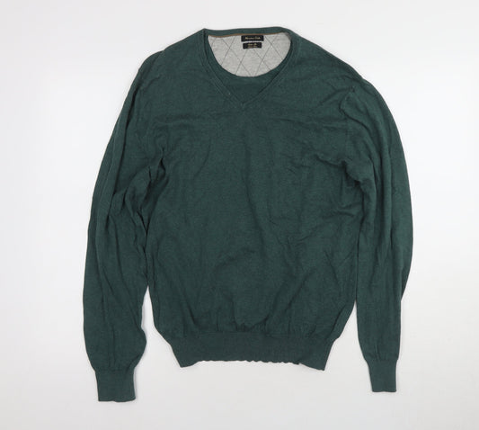 Massimo Dutti Men's Green V-Neck Pullover Jumper
