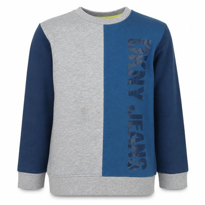 Front view of DKNY Jeans boys’ blue grey pullover sweatshirt, size 8, years