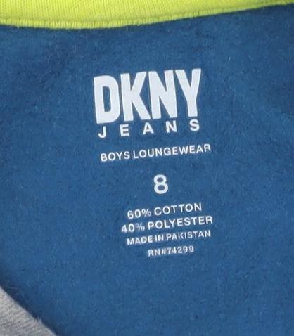 Close-up detail of DKNY Jeans boys’ blue grey pullover sweatshirt, size 8, years