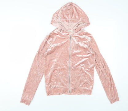 H&M Girls Pink Velvet Hooded Full Zip Hoodie 12-13 Years