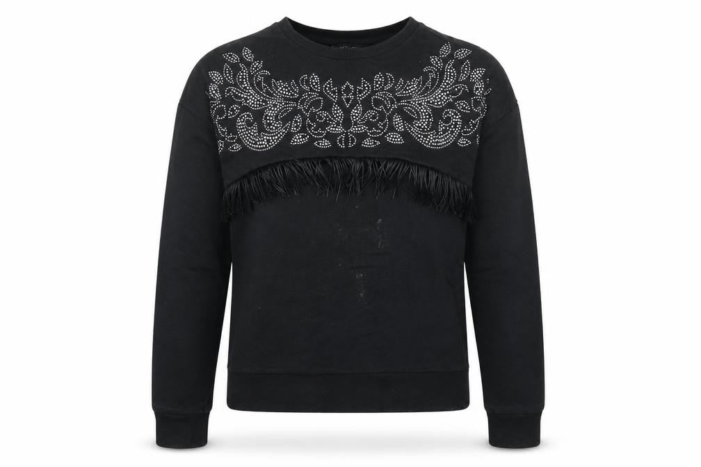 Front view of M&Co girls’ black rhinestone pullover sweatshirt 11-12 years