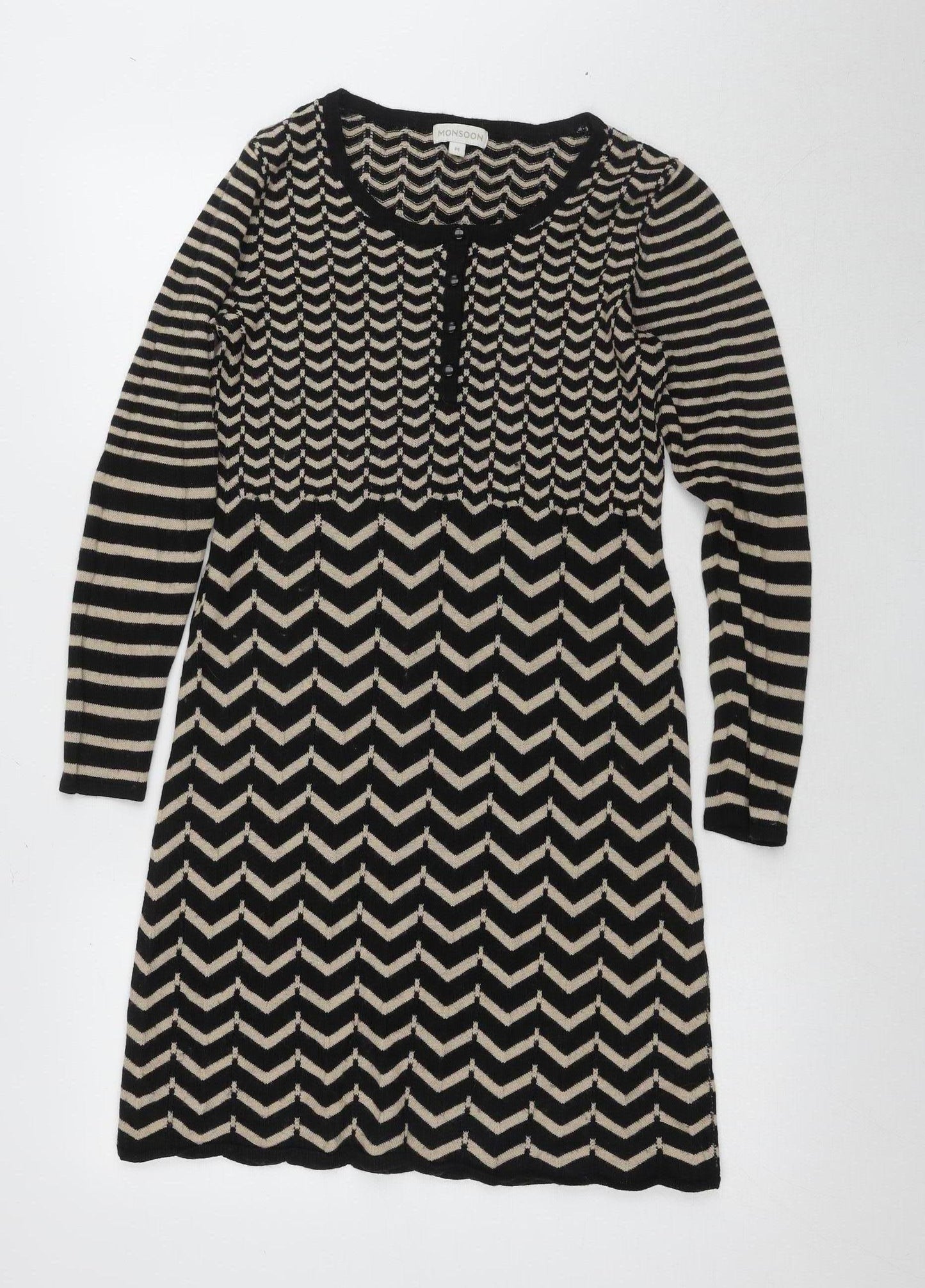 Monsoon Women's Black Chevron Dress M Excellent